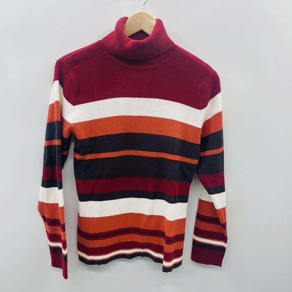 Madison & Max Womens Size XL Ribbed 90s Knit Striped Turtleneck Sweater in Red